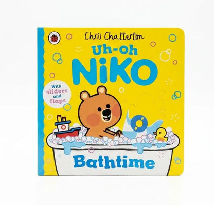 Children's board book titled 'Uh-oh NiKo Bathtime' by Chris Chatterton, featuring a bright yellow cover with a cartoon bear in a bathtub and colorful bath-themed illustrations.