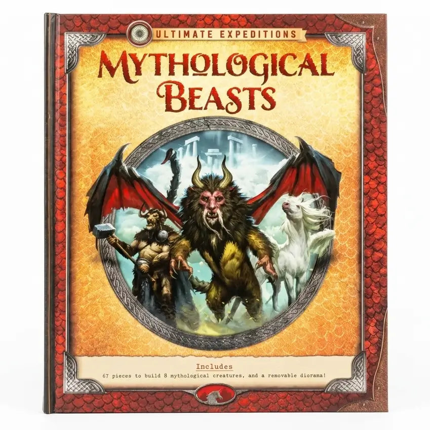 Book cover of 'Ultimate Expeditions: Mythological Beasts' with fantasy artwork on a white background