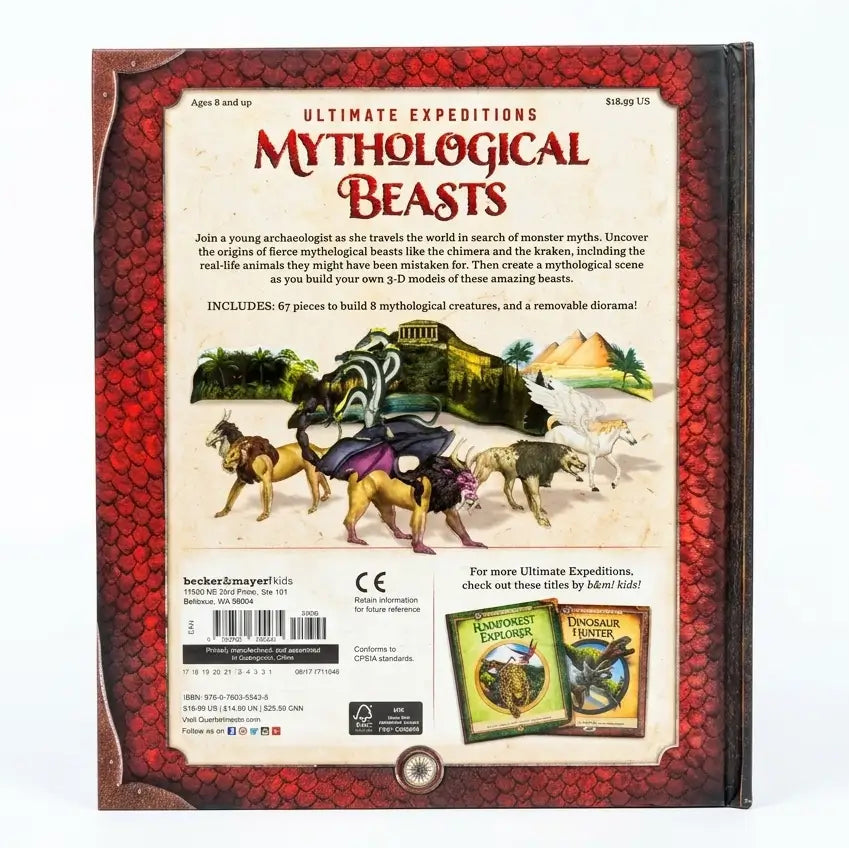 Back cover of a toy packaging for Mythological Beasts with illustrations and text.