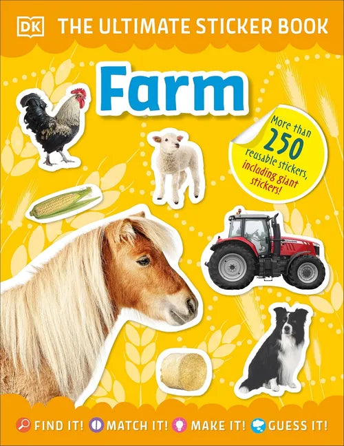 Sticker book cover with animals and a tractor on a yellow background