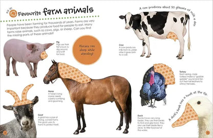Illustration of farm animals with educational text on a white background