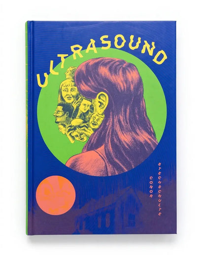 A hardcover book titled 'ULTRASOUND' with a vibrant blue cover, featuring a green circular graphic with a stylized portrait of a woman in profile and an orange sun motif near the bottom.
