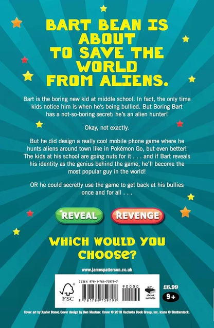 Book cover with text about an alien hunter named Bart Bean and a choice between 'Reveal' or 'Revenge'.