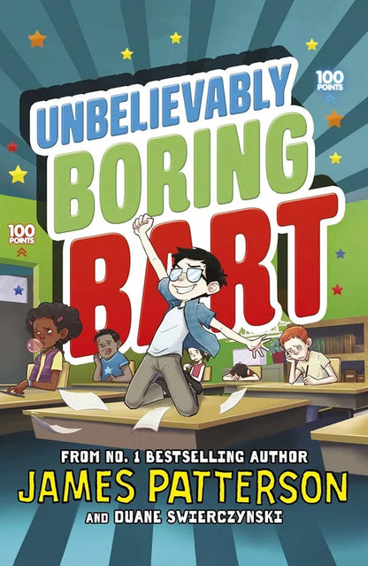 Book cover of 'Unbelievably Boring Bart' with a classroom scene and colorful text.