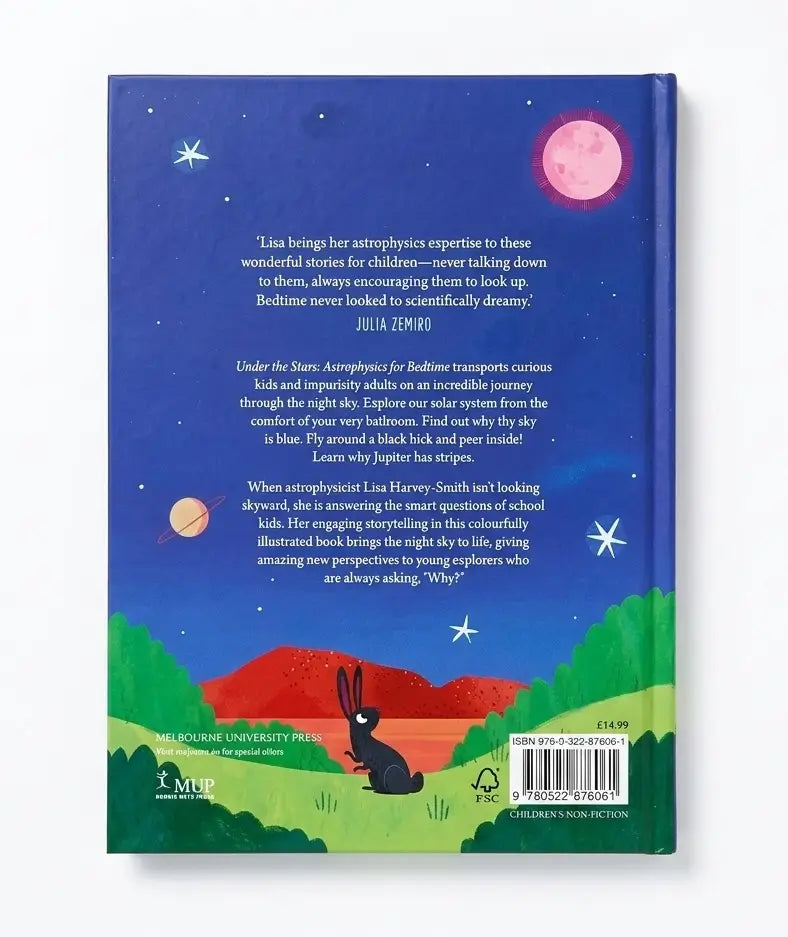 The back cover of the children's non-fiction book 'Why? Why? Why?' by Julia Emery, featuring a colorful night sky illustration with a pink moon, stars, planets, and a rabbit over red hills.