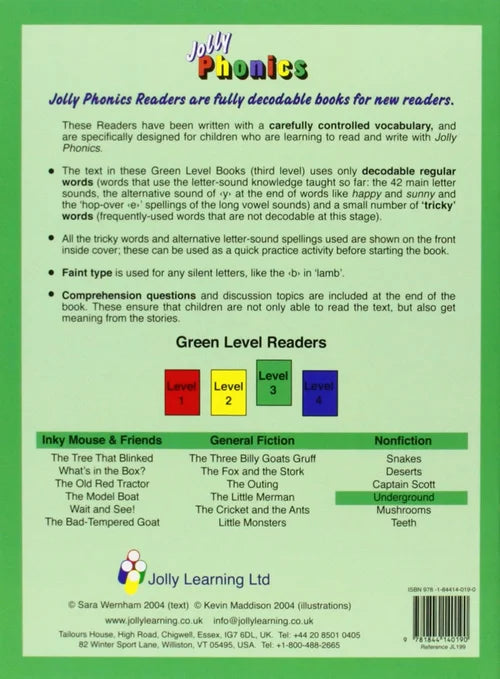 Back cover of a Jolly Phonics reader with text and color-coded levels on a green background