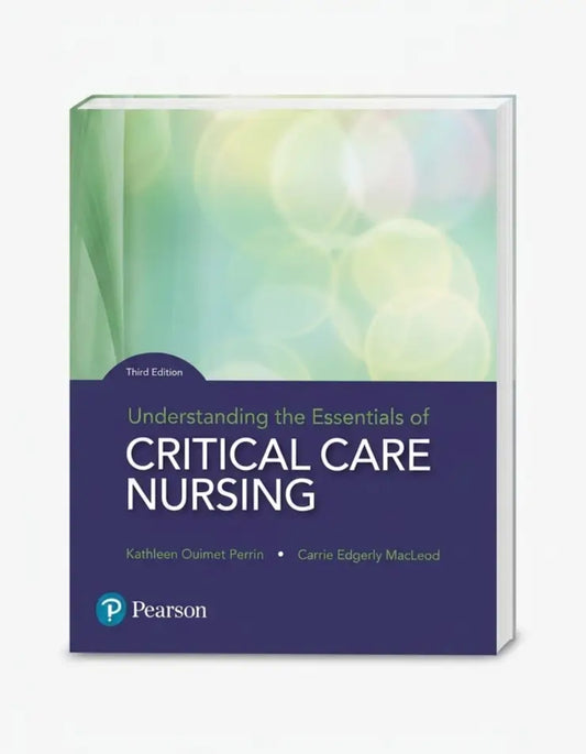 Pearson textbook, 'Understanding the Essentials of Critical Care Nursing' Third Edition, featuring a dark purple lower half with white text and a green and yellow bokeh-patterned upper half.