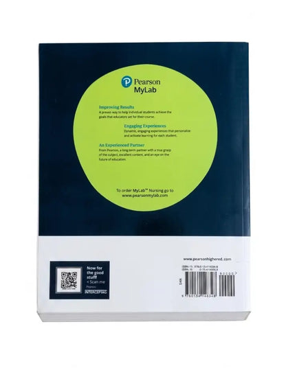 Back cover of a Pearson MyLab nursing textbook, featuring a dark navy blue top section with a large lime green circular graphic, and a white bottom section with a barcode, QR code, and website text.
