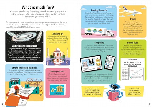 Educational book page with various topics and illustrations on math's applications.