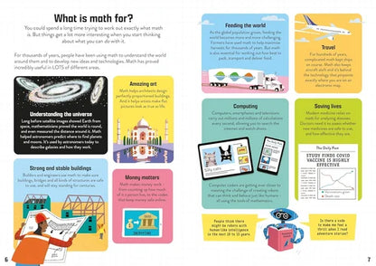 Educational book page with various topics and illustrations on math's applications.