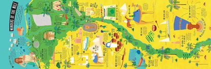 Colorful map of a tropical island with various activities and landmarks.