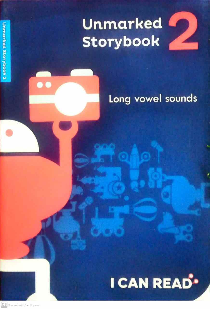 Book cover of 'Unmarked Storybook 2' focusing on long vowel sounds with a camera illustration.