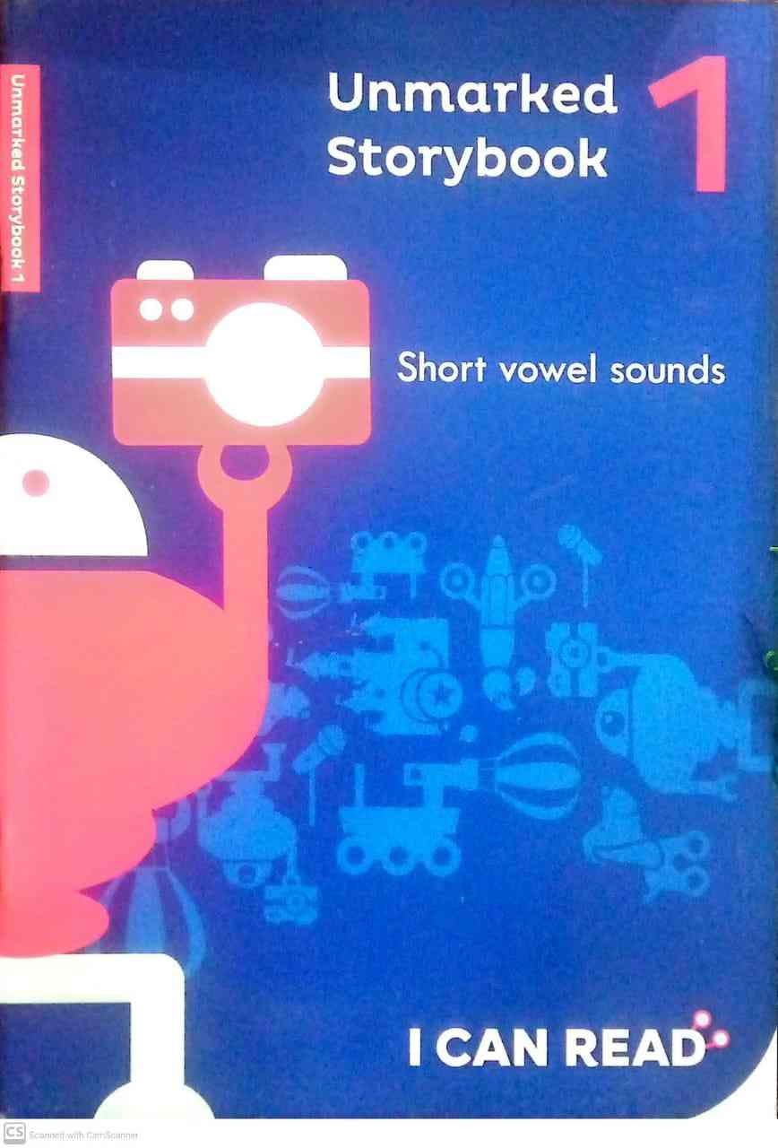 Book cover of 'Unmarked Storybook 1' with a camera icon and text about short vowel sounds.