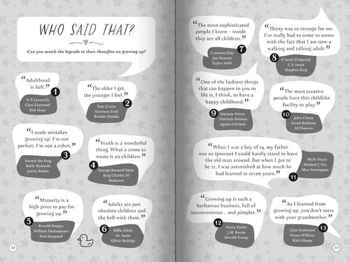 Open book with text and speech bubble graphics on a gray background