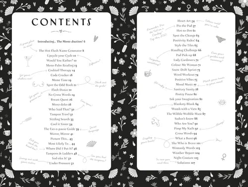 Contents page of a book with floral patterns on a black background