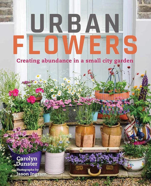 Book cover of 'Urban Flowers' with potted plants and a wooden shelf.