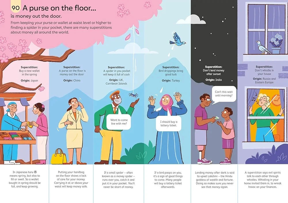 Illustrations of people with text about superstitions related to a purse on the floor, with a colorful background.