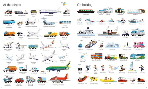 Illustrations of various transportation modes at an airport and on holiday.