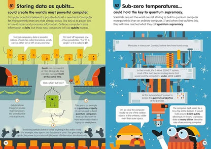 Educational infographic about quantum computing with cartoon characters and text.