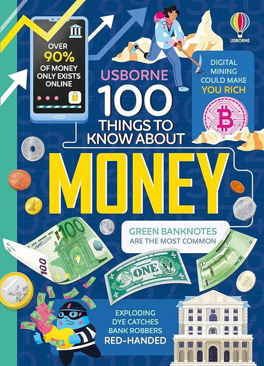Book cover of '100 Things to Know About Money' by Usborne with various graphics and text.