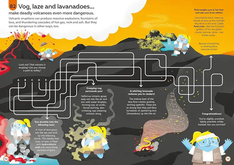 Illustration of a character navigating through a volcanic landscape with text and icons.