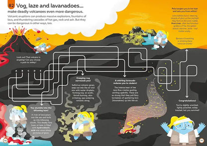 Illustration of a character navigating through a volcanic landscape with text and icons.