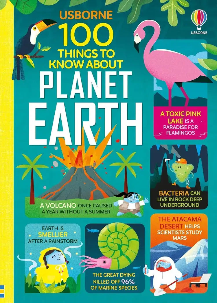 Book cover of '100 Things to Know About Planet Earth' with colorful illustrations and text.