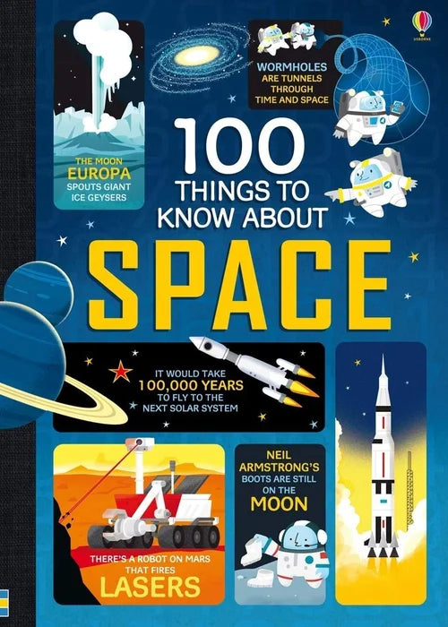 Book cover of '100 Things to Know About Space' with space-themed illustrations and text.