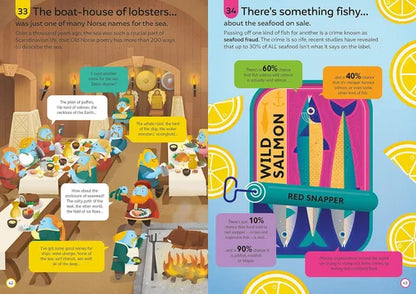 Illustrated book page with a dining scene and seafood label design.