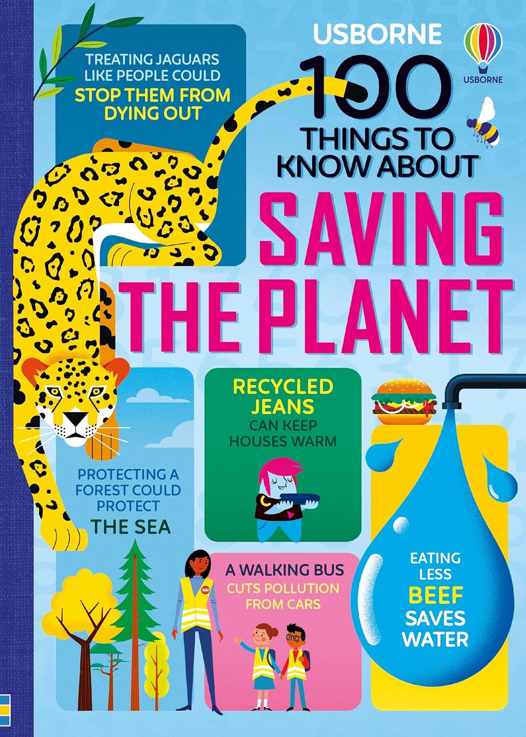 Cover of the Usborne '100 Things to Know About Saving the Planet' book, featuring graphical illustrations related to environmental conservation.