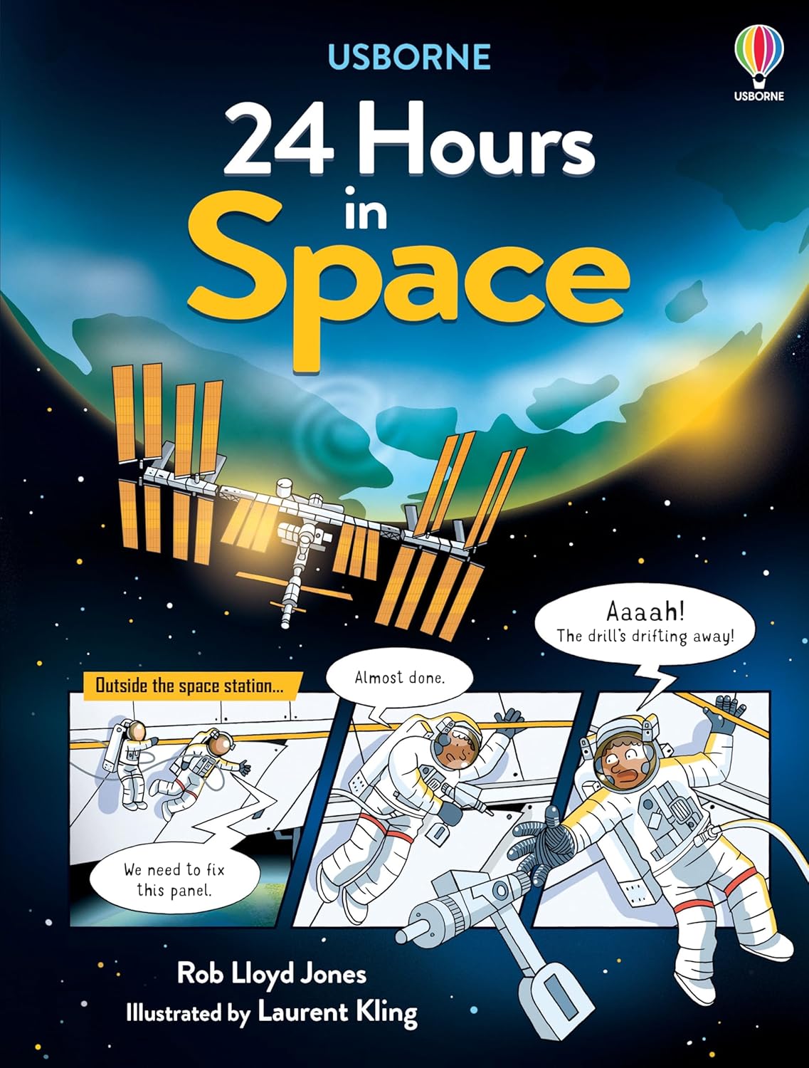 Book cover of 'Usborne 24 Hours in Space' featuring illustrations of astronauts and space station, with Earth visible in the background.