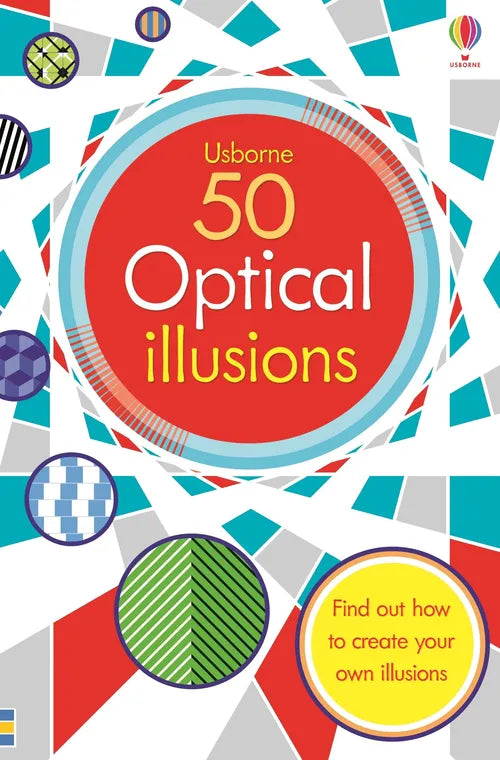 Book cover of '50 Optical Illusions' by Usborne with colorful design elements.