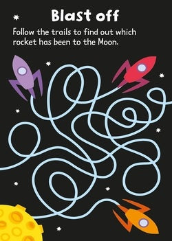 Space-themed maze with rockets and a moon, designed to be followed to determine which rocket has been to the moon.