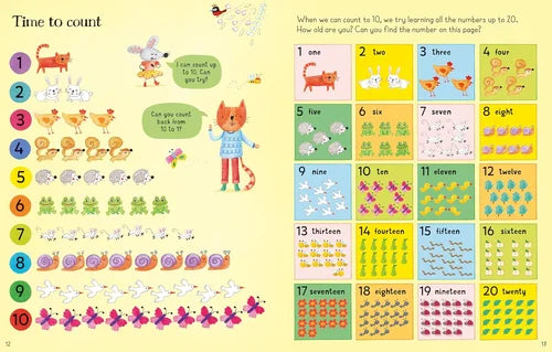 Educational children's book page with numbers 1 to 20, each accompanied by a corresponding illustration of animals and objects.