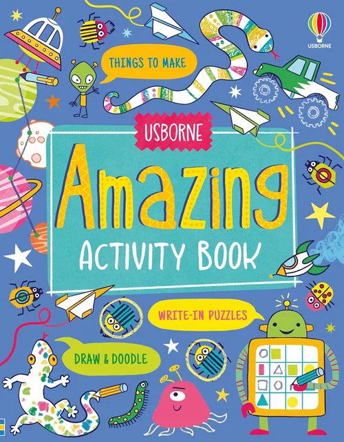Cover of 'Amazing Activity Book' with colorful illustrations and Usborne branding.