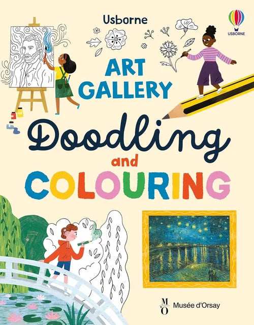 Book cover of 'Art Gallery: Doodling and Colouring' by Usborne with illustrations of children and a pencil.