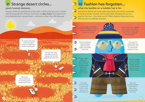 Illustrated book or magazine page with desert circles and fashion-themed content.