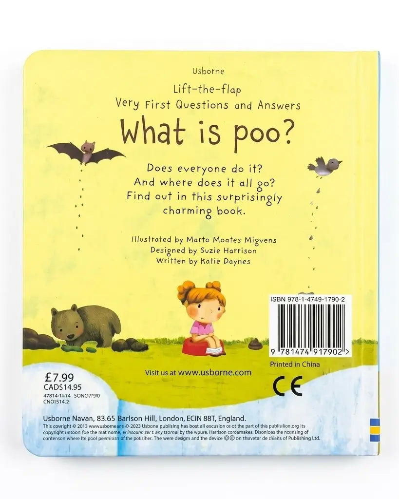Back cover of the children's book 'What is poo?' by Usborne, featuring a pale yellow background with black text, illustrations of birds, a small bear, and a child holding a book.