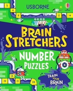 Book cover of 'Brain Stretchers Number Puzzles' by Usborne with colorful design and text.