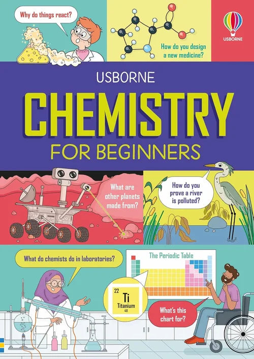 Book cover of 'Chemistry for Beginners' by Usborne with colorful illustrations and text.