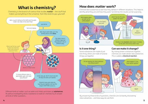Educational page from a book explaining chemistry with colorful illustrations and text.