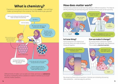 Educational page from a book explaining chemistry with colorful illustrations and text.