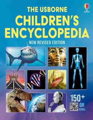 Cover of 'The Usborne Children's Encyclopedia' with various images and text on a blue background.