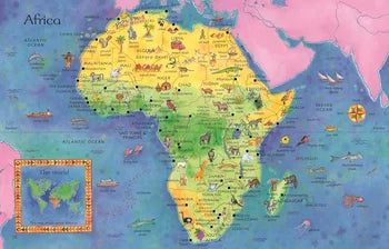 Colorful map of Africa with various symbols and a inset world map.