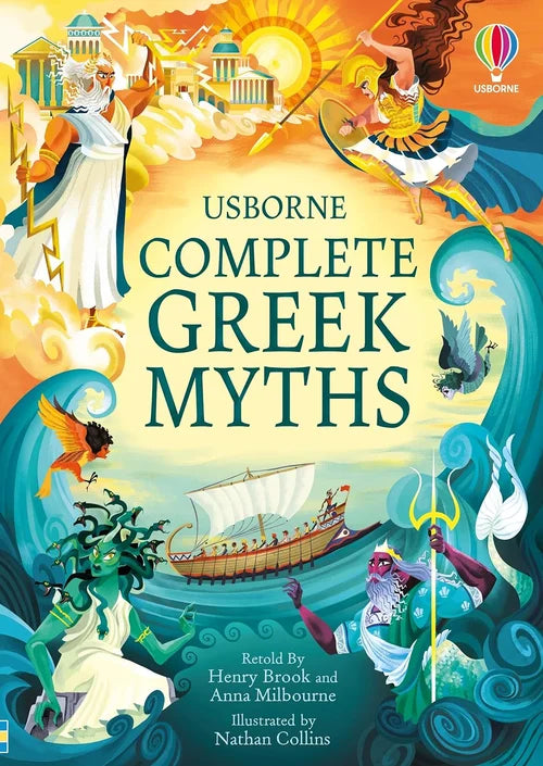 Book cover of 'Complete Greek Myths' by Usborne with colorful illustrations of Greek gods and scenes.