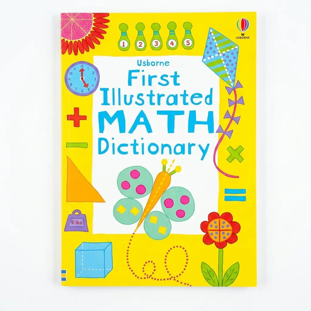 Usborne First Illustrated Math Dictionary book cover, featuring a bright yellow background with colorful educational illustrations and the title in large blue letters.