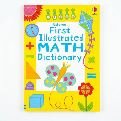 Usborne First Illustrated Math Dictionary book cover, featuring a bright yellow background with colorful educational illustrations and the title in large blue letters.