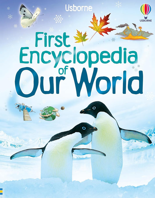 Cover of the 'First Encyclopedia of Our World' featuring illustrations of penguins and a title graphic.