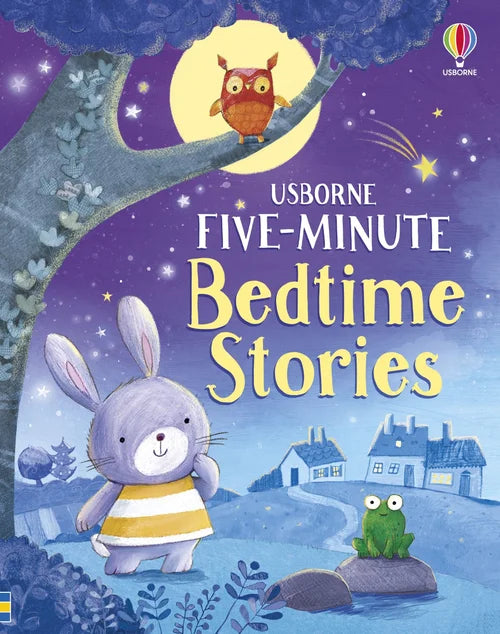 Book cover of 'Five-Minute Bedtime Stories' with illustrations of a rabbit, frog, and owl against a night sky.