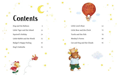 Table of contents for a children's book with illustrations and text.